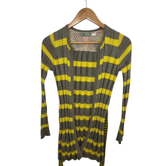 Anthropologie Sweater Yellow Maple Striped Pleated Belt Pocket Taupe XS Cardigan - Picture 1 of 9